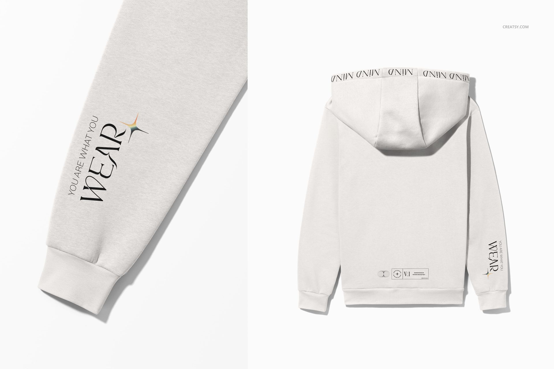 Oversized hoodie mockup in light beige, shown from the back and sleeve close-up, featuring minimal text prints.