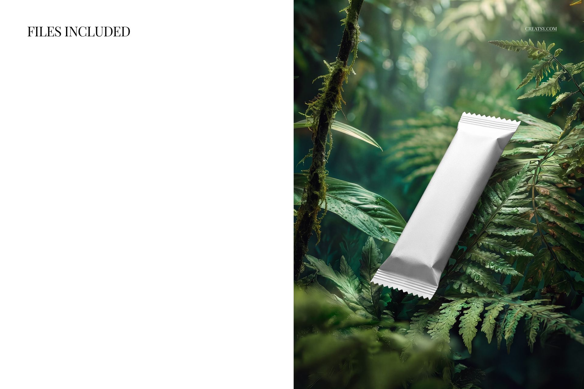 Rectangular candy bar packaging mockup with white wrapper placed on green tropical jungle foliage, top view.