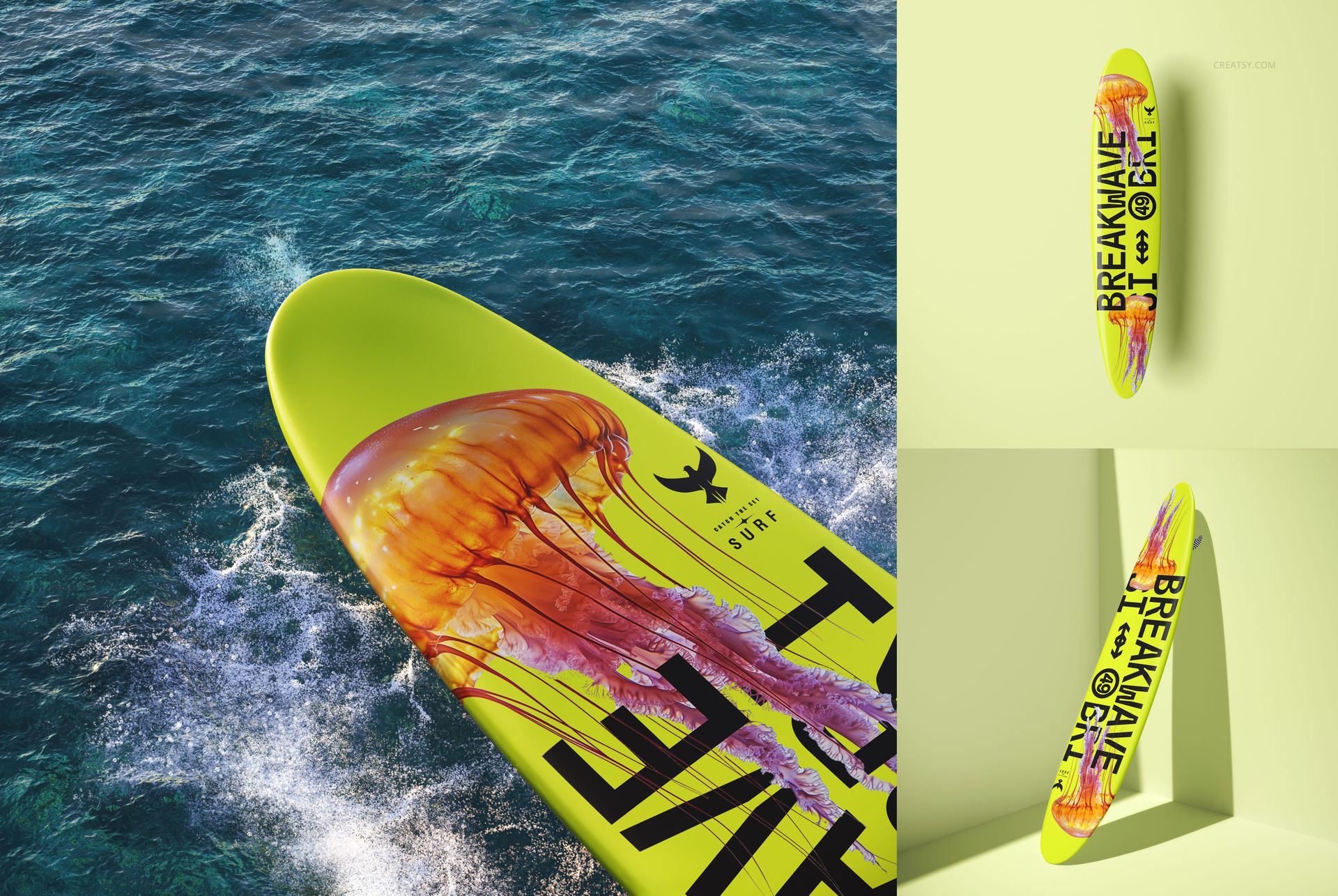 Longboard surfboard mockup featuring a vibrant yellow board with jellyfish artwork, shown on ocean water and studio backgrounds.