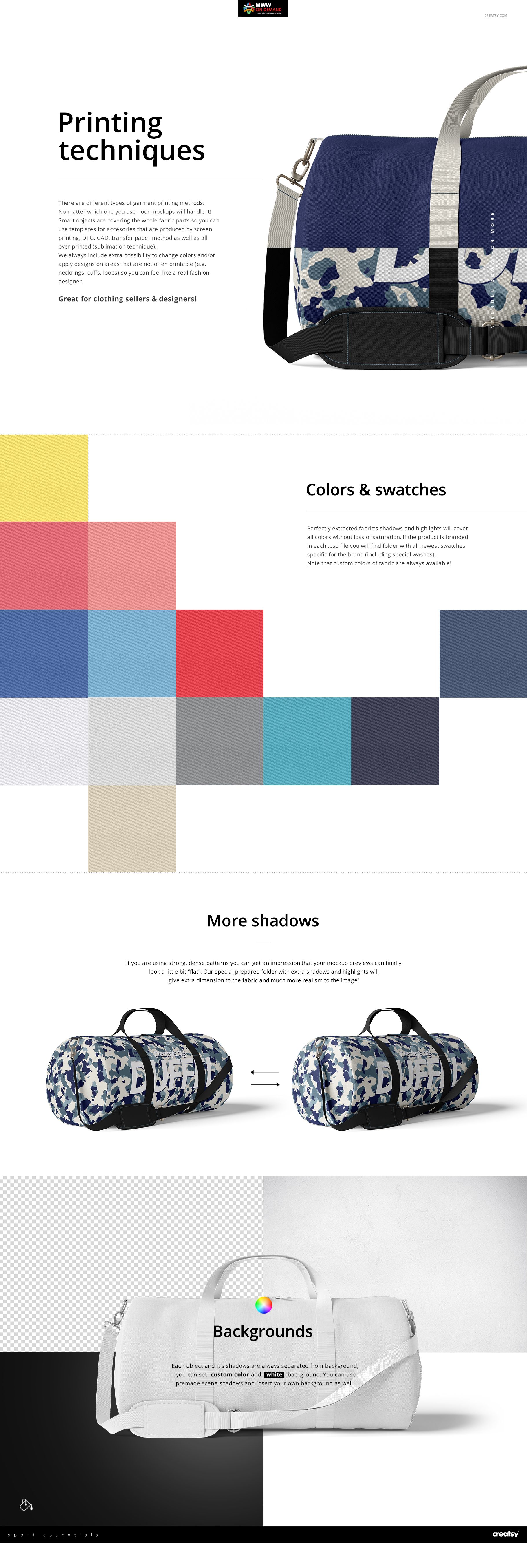 Front-facing polyester duffel bag mockup featuring blue and white floral design, mesh pocket, and color swatches.