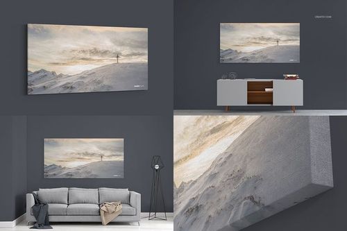 Canvas print mockup set showing a landscape artwork in a modern living room, close-up and studio views.