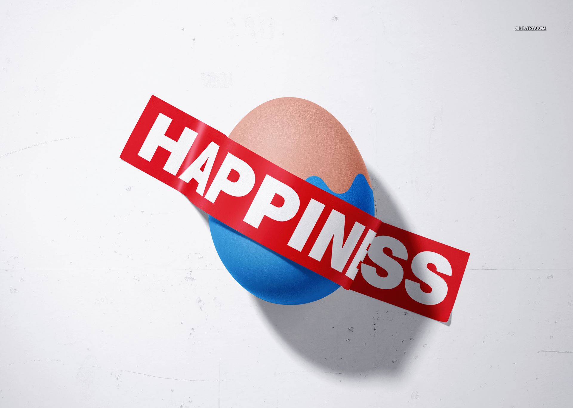 Front view of a modern Easter egg mockup with a blue and beige color scheme, partially covered by a red strip with bold white text.