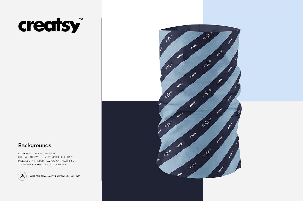 Front view of a neck gaiter mockup featuring alternating light blue and navy stripes with small icons, set against a geometric background.