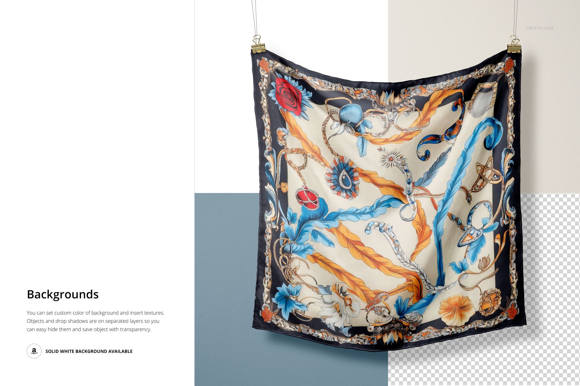 Square silk scarf mockup hanging by two clips, featuring a colorful ornate pattern with botanical and marine motifs.