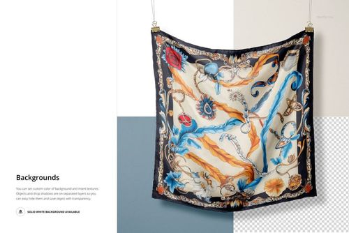 Square silk scarf mockup hanging by two clips, featuring a colorful ornate pattern with botanical and marine motifs.