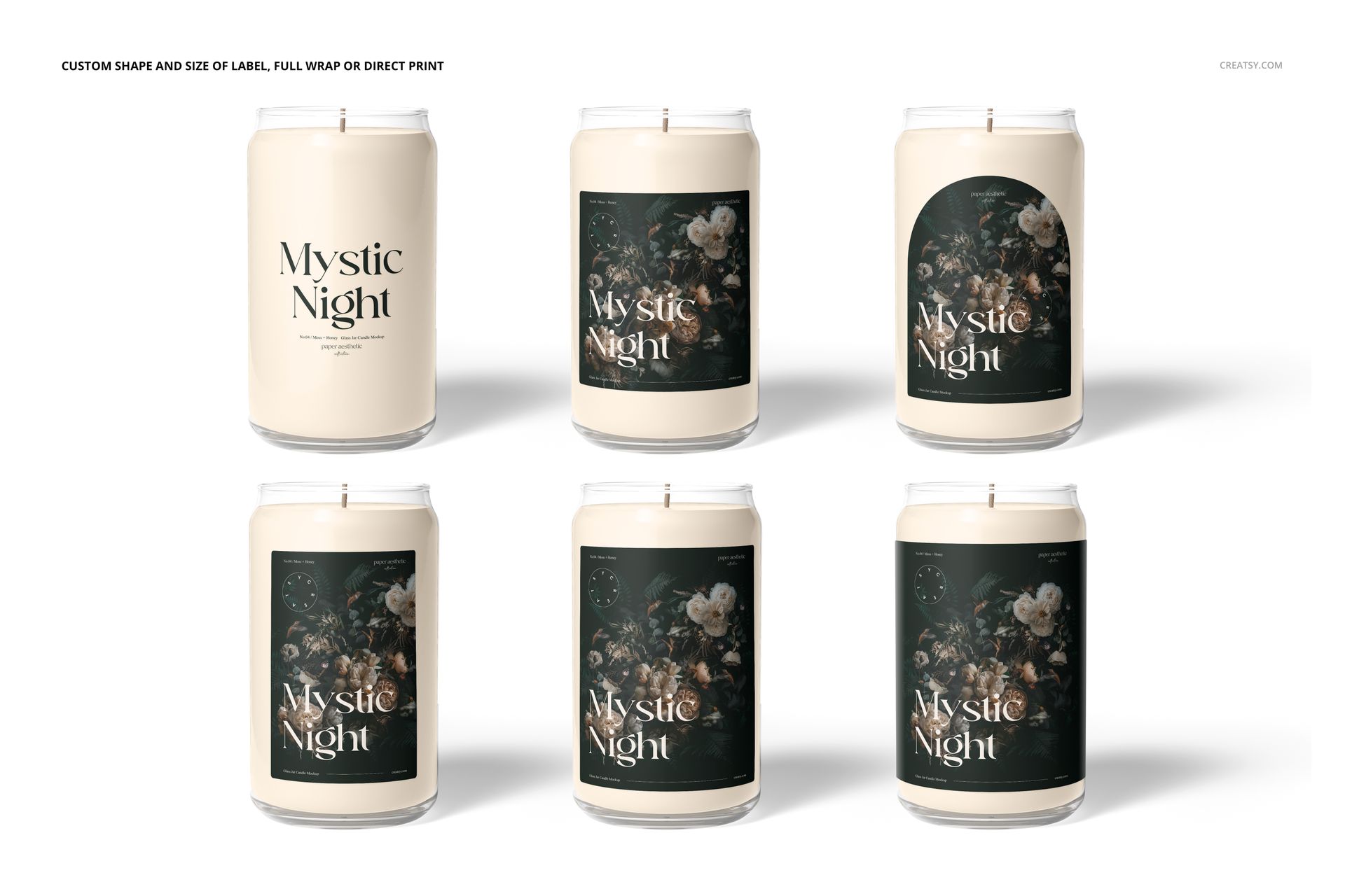 Mockup of can glass candles arranged in two rows, each candle with a visible wick and decorative floral artwork on the label.
