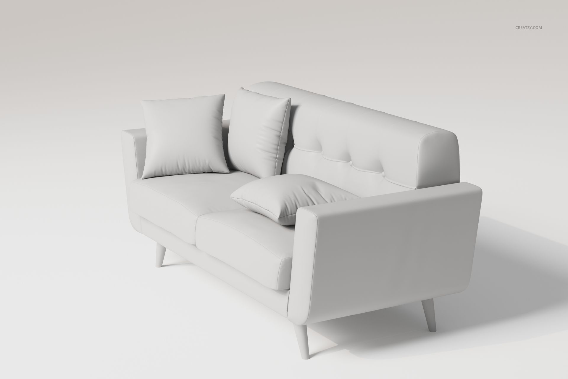 Scandinavian style fabric sofa in light gray with three matching cushions, shown from a front angled view on a plain background.