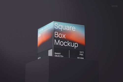 Square box mockup with a gradient design, shown from a front angle on a dark pedestal against a plain background.
