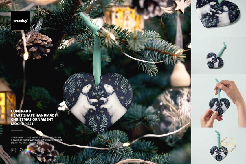 PSD mockup of a heart-shaped ornament featuring white animals and foliage, displayed on a Christmas tree branch.