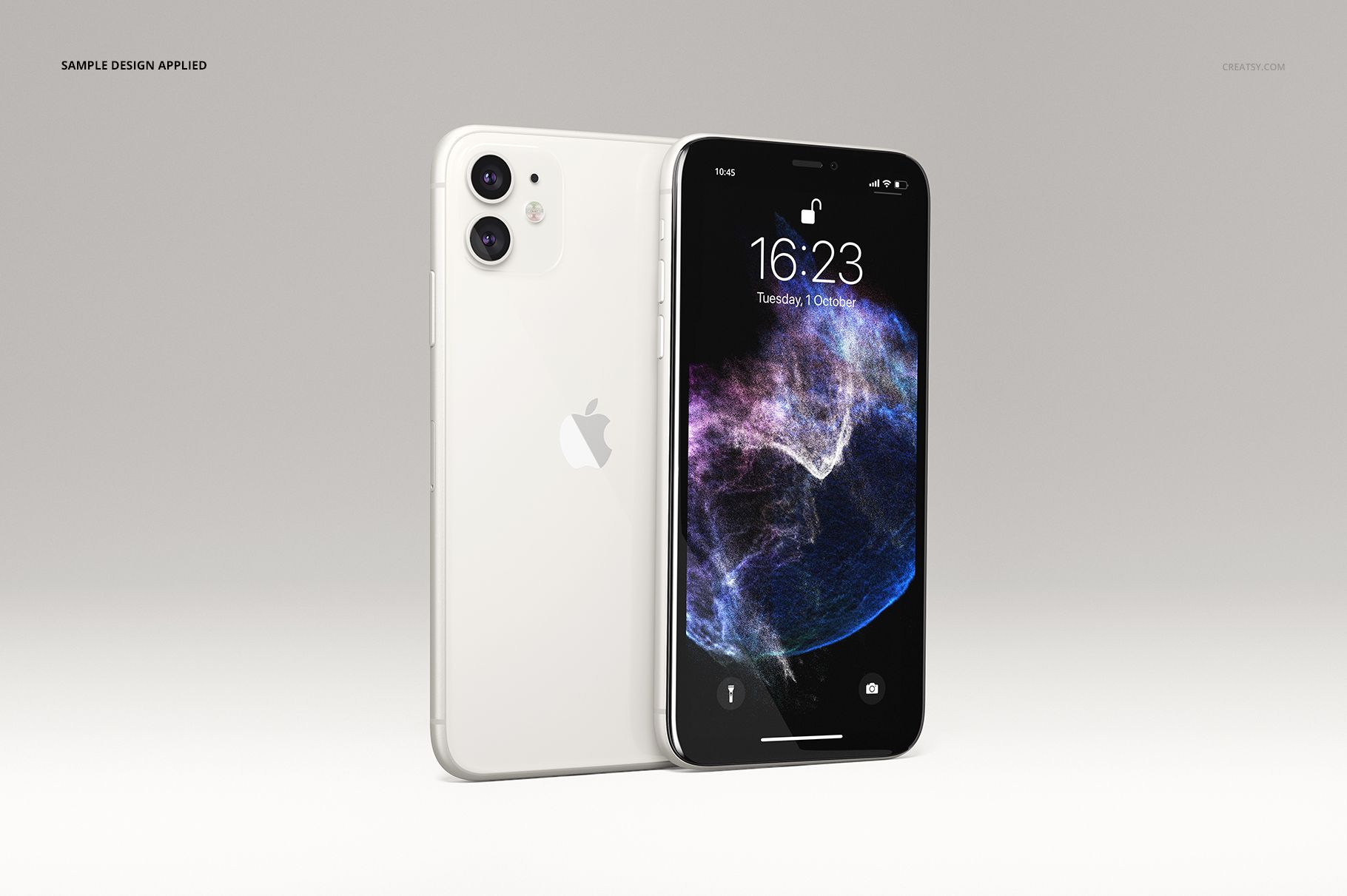 White iPhone 11 mockup set featuring two phones, one with a visible display and the other showing the back panel.