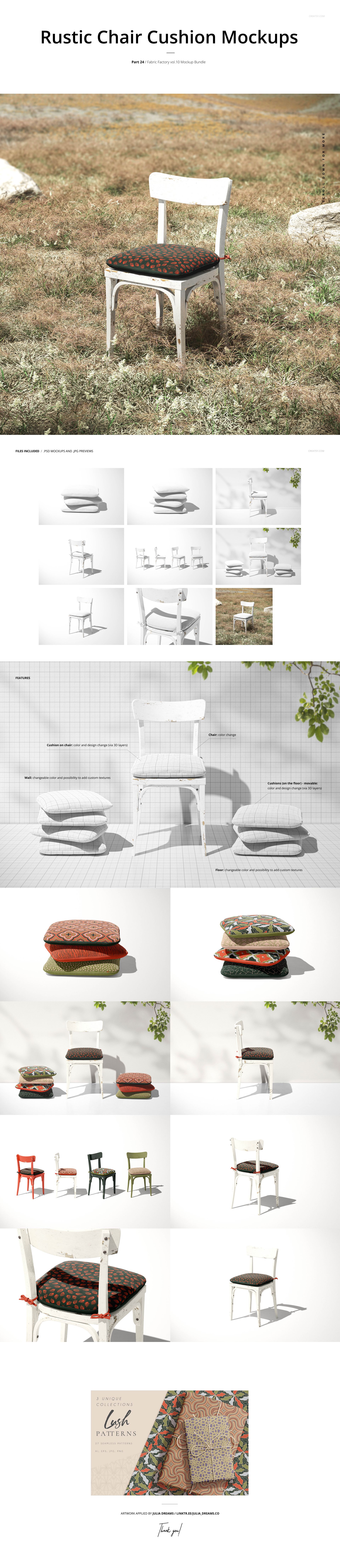 Rustic wooden chair with a patterned cushion mockup displayed outdoors on dry grass, front view in natural light.