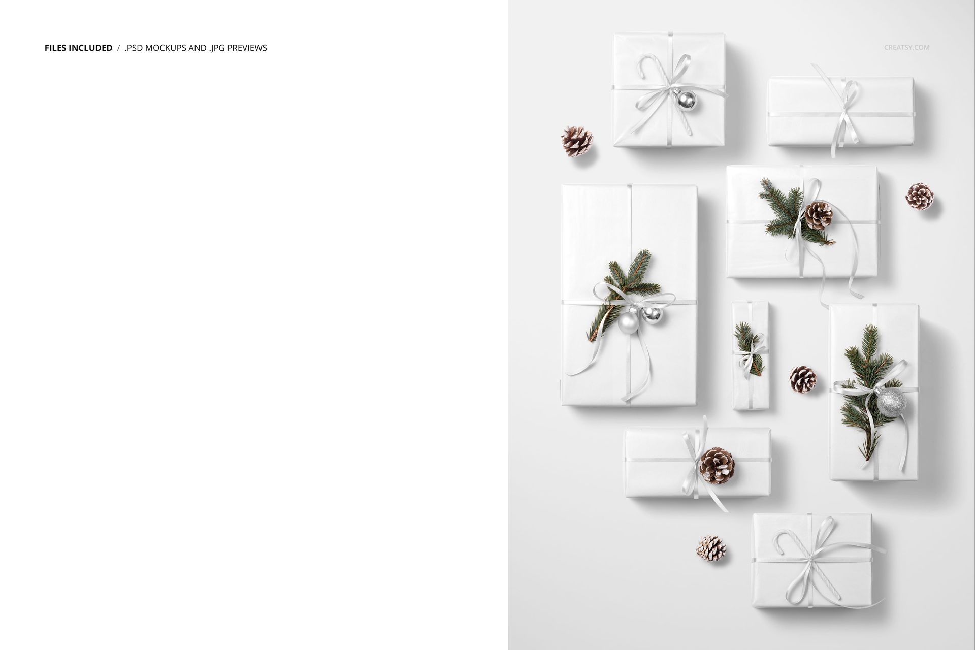 PSD mockup featuring neatly arranged white-wrapped Christmas gifts with festive accents like baubles, pine cones, and greenery.