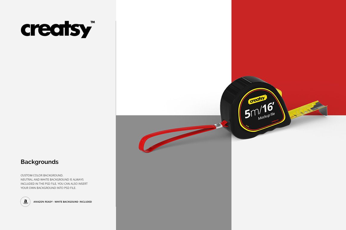 Black and yellow tape measure mockup with red strap, metal tape extended, displayed on white, gray, and red blocks.