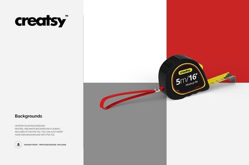 Black and yellow tape measure mockup with red strap, metal tape extended, displayed on white, gray, and red blocks.