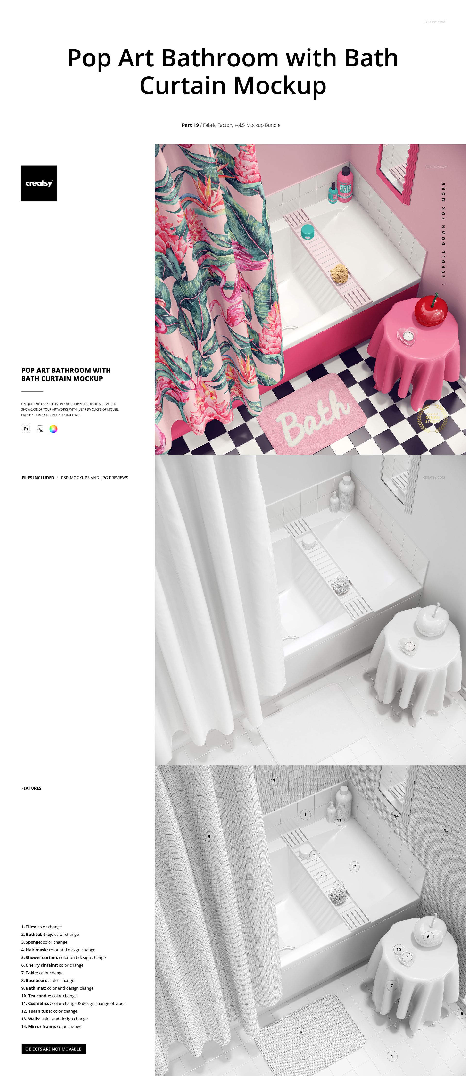 Bathroom scene with a colorful pop art shower curtain, pink stool, and checkered floor, shown in a PSD mockup layout.