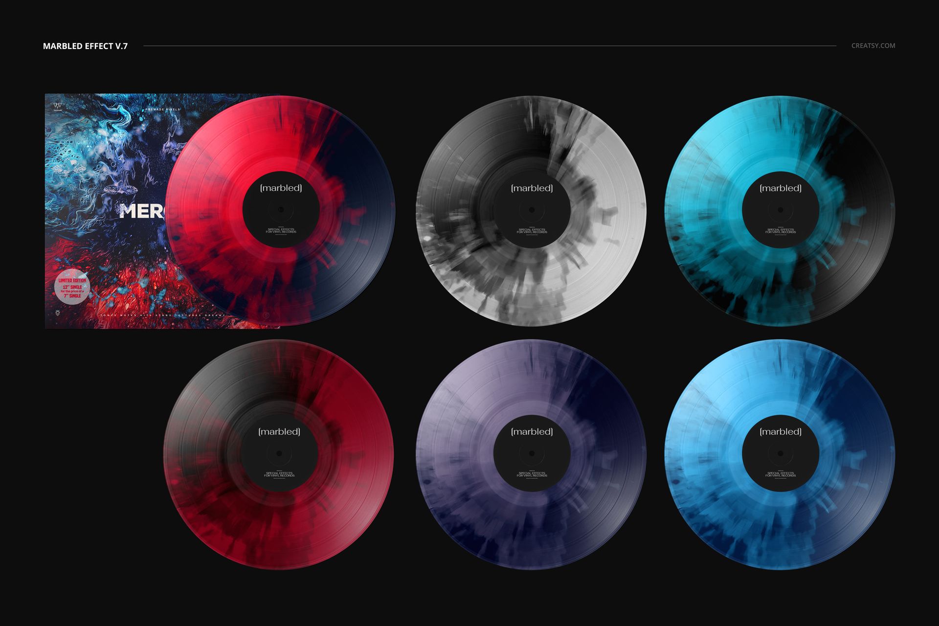 PSD mockup set featuring six vinyl records with abstract marbled patterns and a colorful cover, displayed on a dark background.