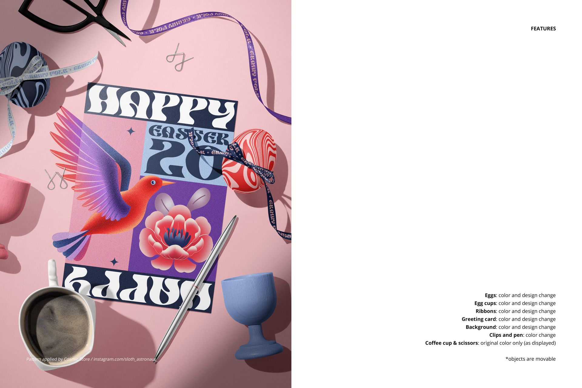 Easter mockup scene with decorated eggs, greeting card, ribbons, egg cups, and coffee cup on a pink surface.