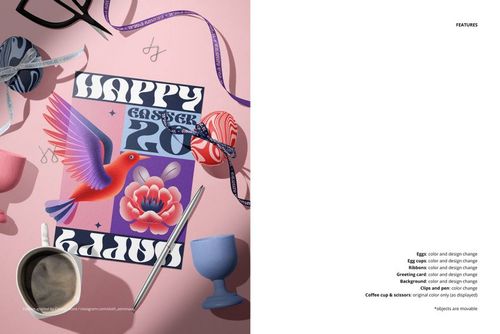 Easter mockup scene with decorated eggs, greeting card, ribbons, egg cups, and coffee cup on a pink surface.