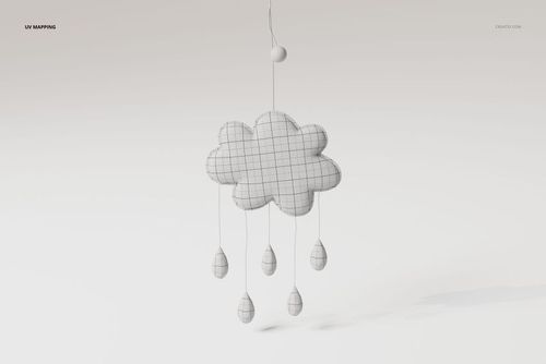 Front view of a 3D model baby mobile shaped like a cloud with five raindrop pendants, shown on a white background.