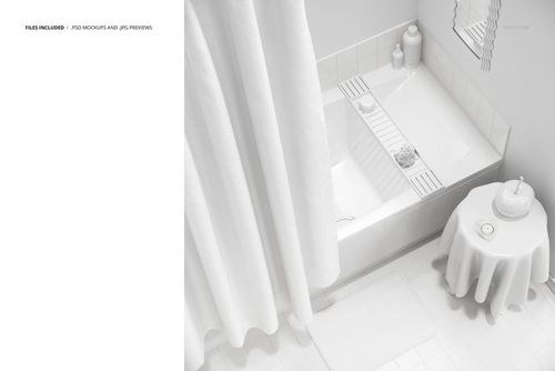 Bathroom scene featuring a bath curtain, bathtub, and round table with decor, shown in a pop art-inspired mockup style.