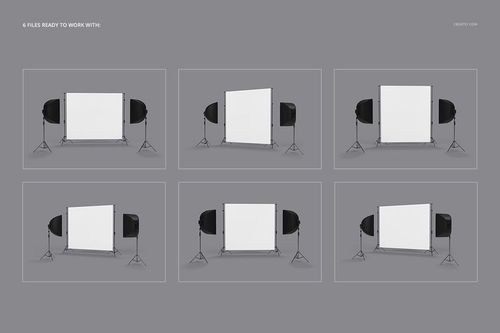 Set of six blank backdrops with studio lamps, shown from various angles on a neutral gray background for mockup use.
