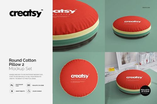 Set of two round cotton pillows, one red and one green, arranged on a carpeted floor in a realistic PSD mockup scene.