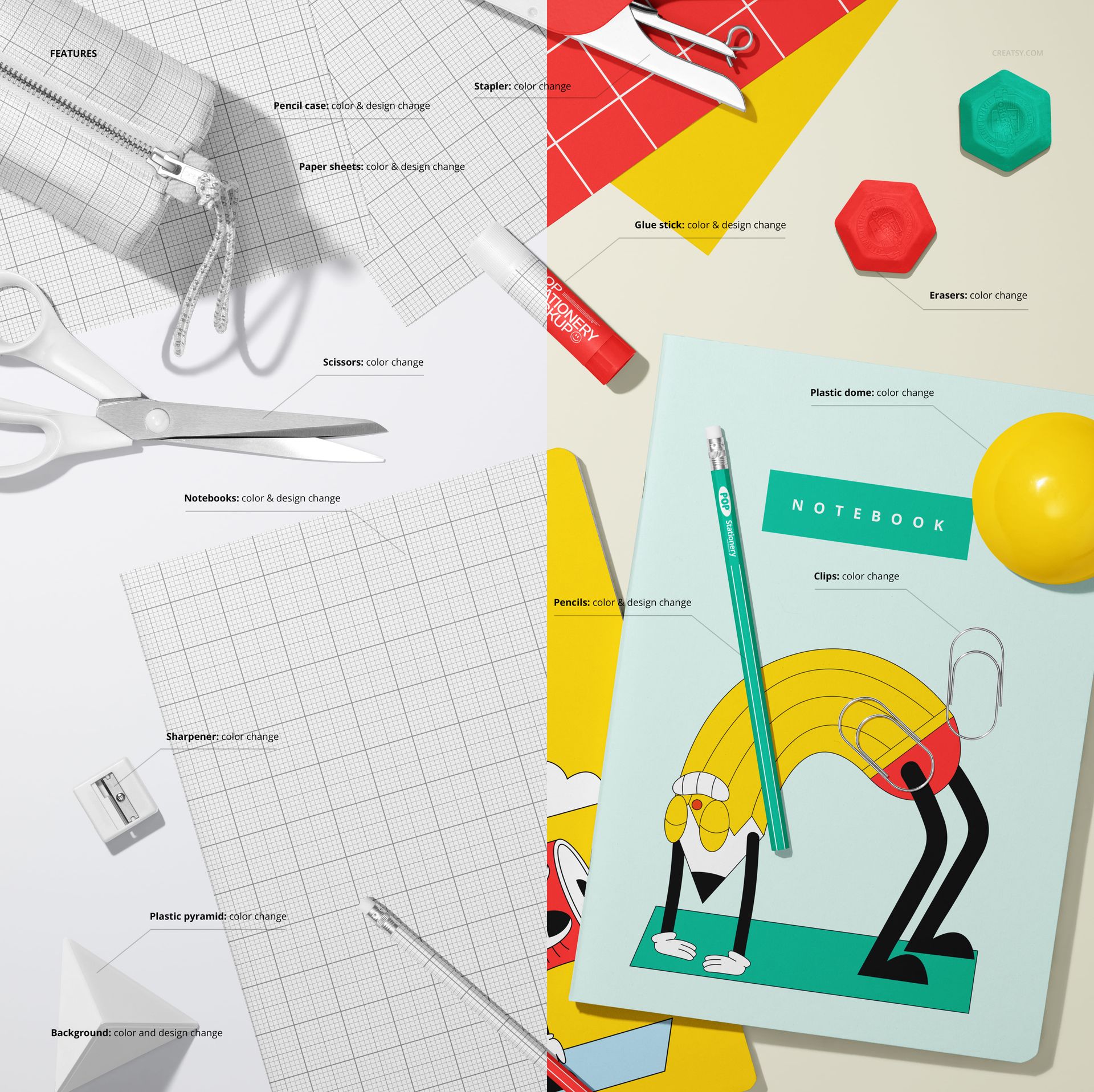 Stationery mockup featuring two A4 notebooks with grid and illustrated covers, set among various office supplies.