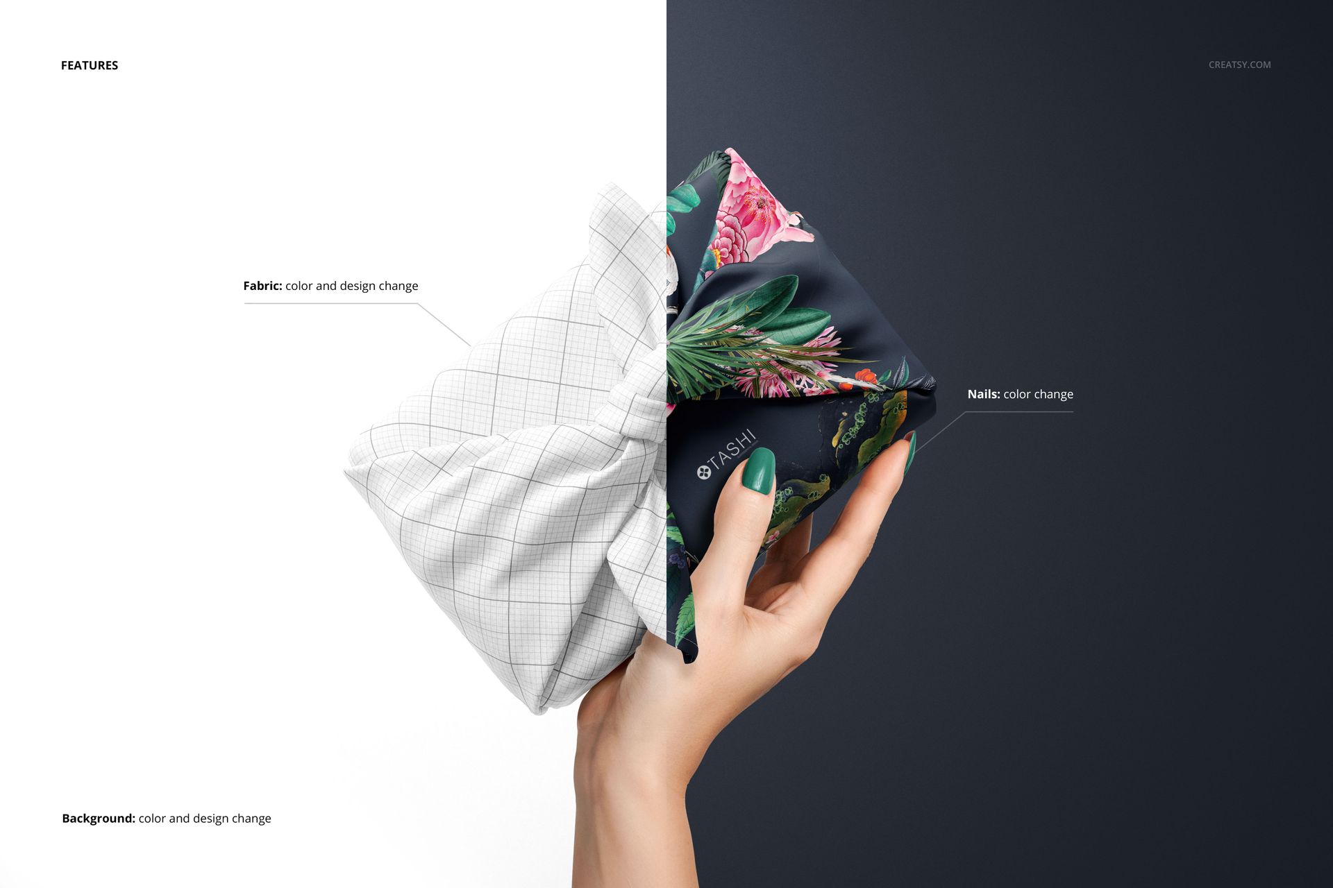 PSD mockup showing a hand holding fabric wraps with different designs, white geometric and dark botanical, against a split background.