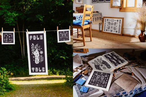PSD mockup set featuring folk-inspired prints clipped to a clothesline, framed on a wooden floor, and arranged on a desk.