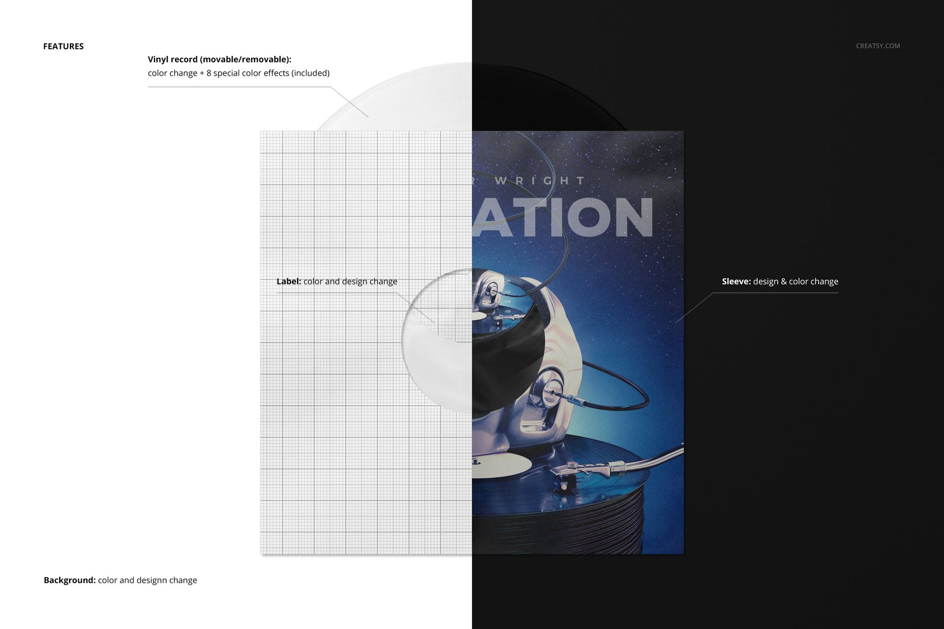 Mockup of a vinyl record and paper sleeve with poly lining, featuring customizable label and sleeve designs in a split layout.