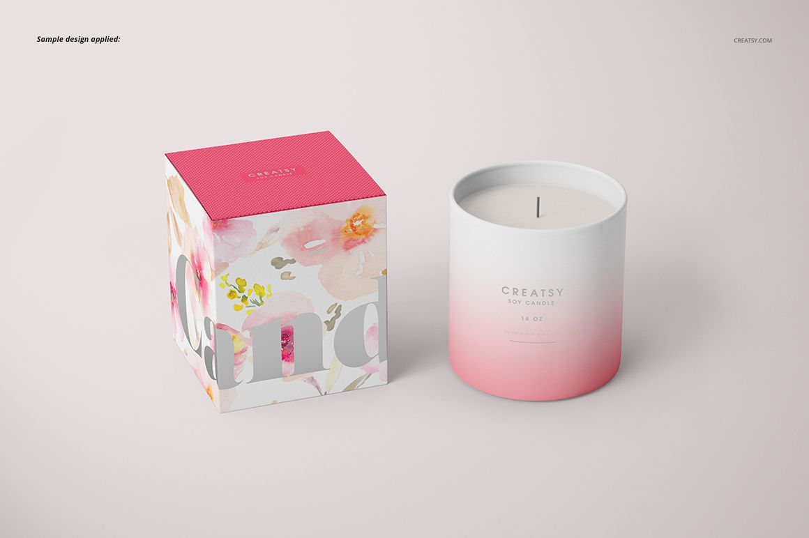Classic candle mockup featuring a matte glass candle and a decorative box with watercolor floral design, front view.