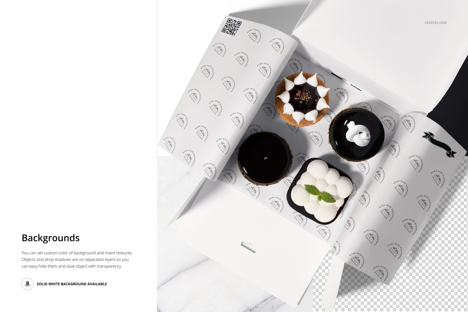 Open packaging mockup with food safe paper and various desserts, including pastries and meringues, in a flat lay scene.