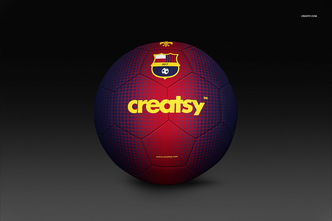 Soccer ball mockup featuring a bold red and blue design, yellow accents, and a black backdrop in PSD format.