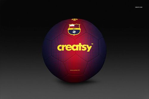 Soccer ball mockup featuring a bold red and blue design, yellow accents, and a black backdrop in PSD format.
