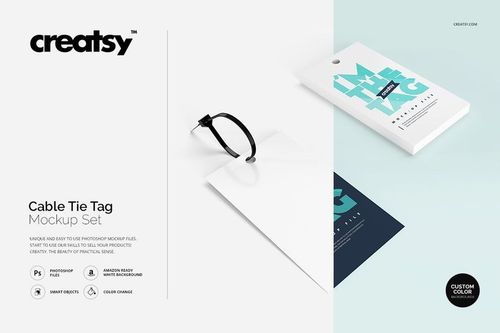 Cable tie tag mockup set showing two rectangular tags with black cable ties, one front view and one angled, on a light background.