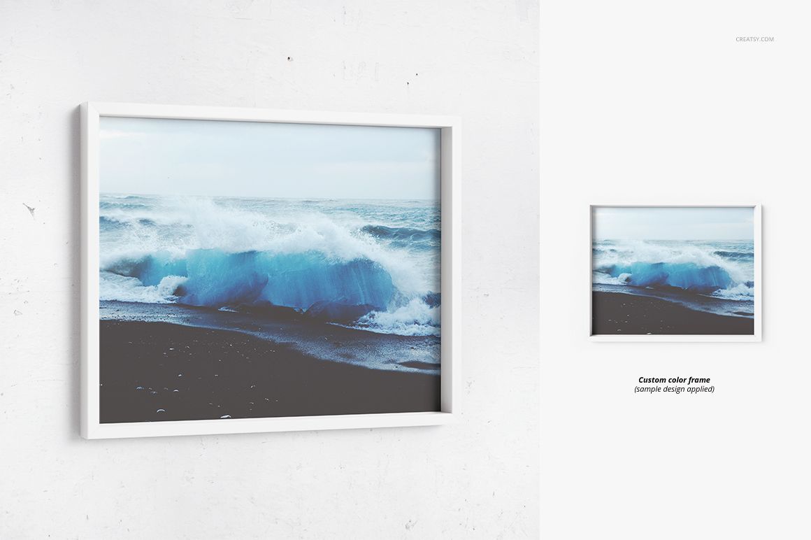 PSD mockup of a picture deep frame with a custom ocean wave design, presented on a textured white wall background.