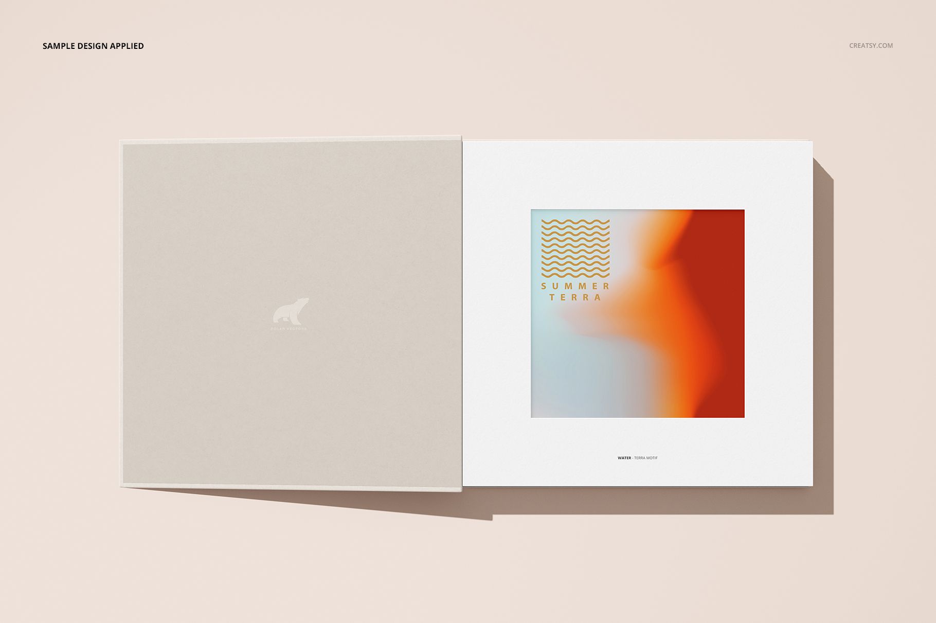 Open artbook mockup with a beige cover and abstract artwork on the right page, shown from a top view on a light background.