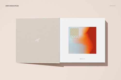 Open artbook mockup with a beige cover and abstract artwork on the right page, shown from a top view on a light background.