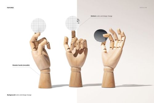 Round stickers held by articulated wooden hands, shown on split white and beige background, front view mockup.