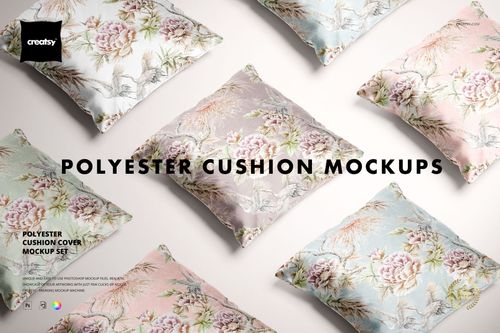 Multiple pastel-colored cushion covers featuring botanical designs displayed flat in a home decor mockup scene.