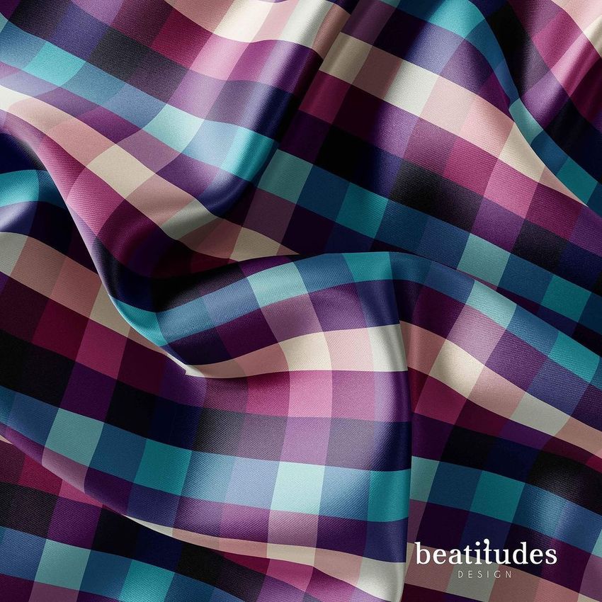 Satin fabric mockup featuring a blue, purple, and cream gingham check pattern with realistic folds and soft lighting.