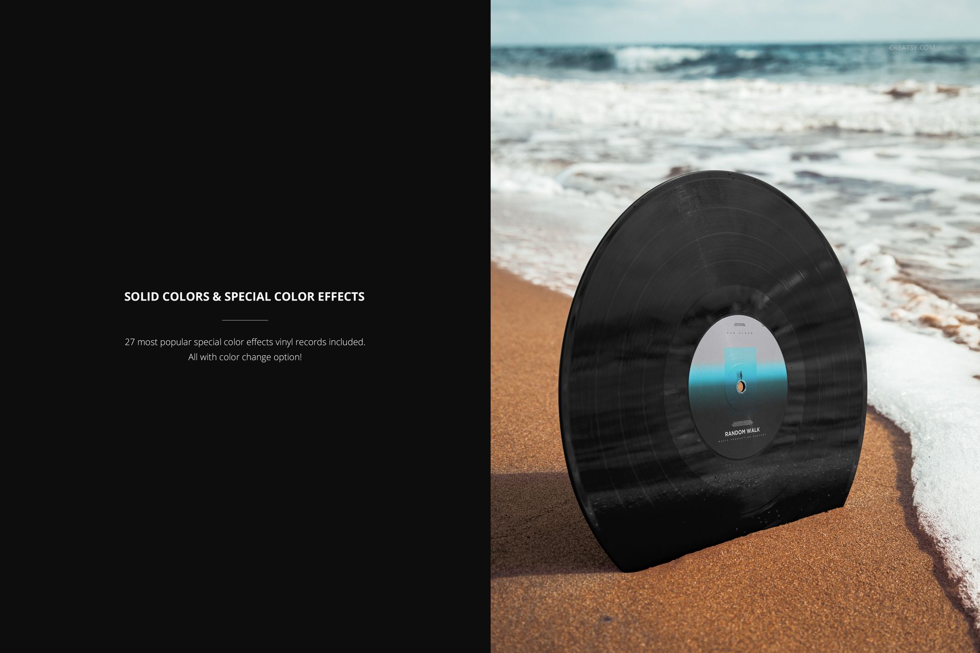 Black vinyl record standing upright on sandy beach with ocean waves in the background, front view mockup.