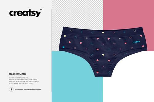 Flat lay of women's briefs mockup with a navy blue base and colorful heart and geometric patterns, shown on split backgrounds.