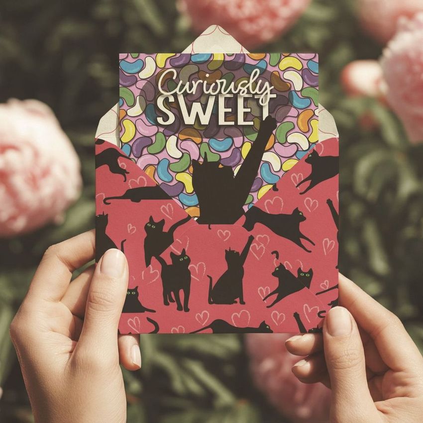 Person holding an envelope and card mockup featuring black cat silhouettes and a vibrant design, with pink peonies behind.