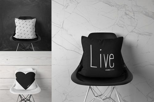 PSD mockup of throw pillows in black and white, arranged on a chair and various surfaces with neutral backdrops.