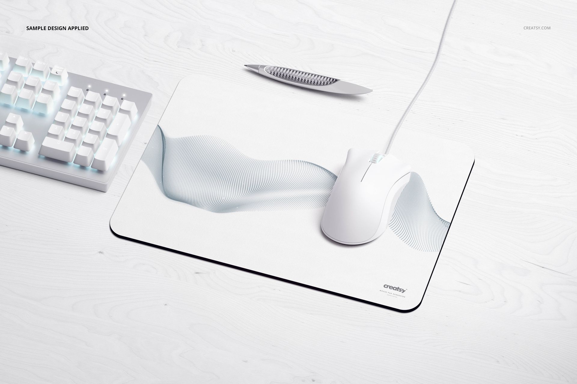 Large rectangular mouse pad mockup with rounded corners, white surface and abstract wavy pattern, top view on desk.