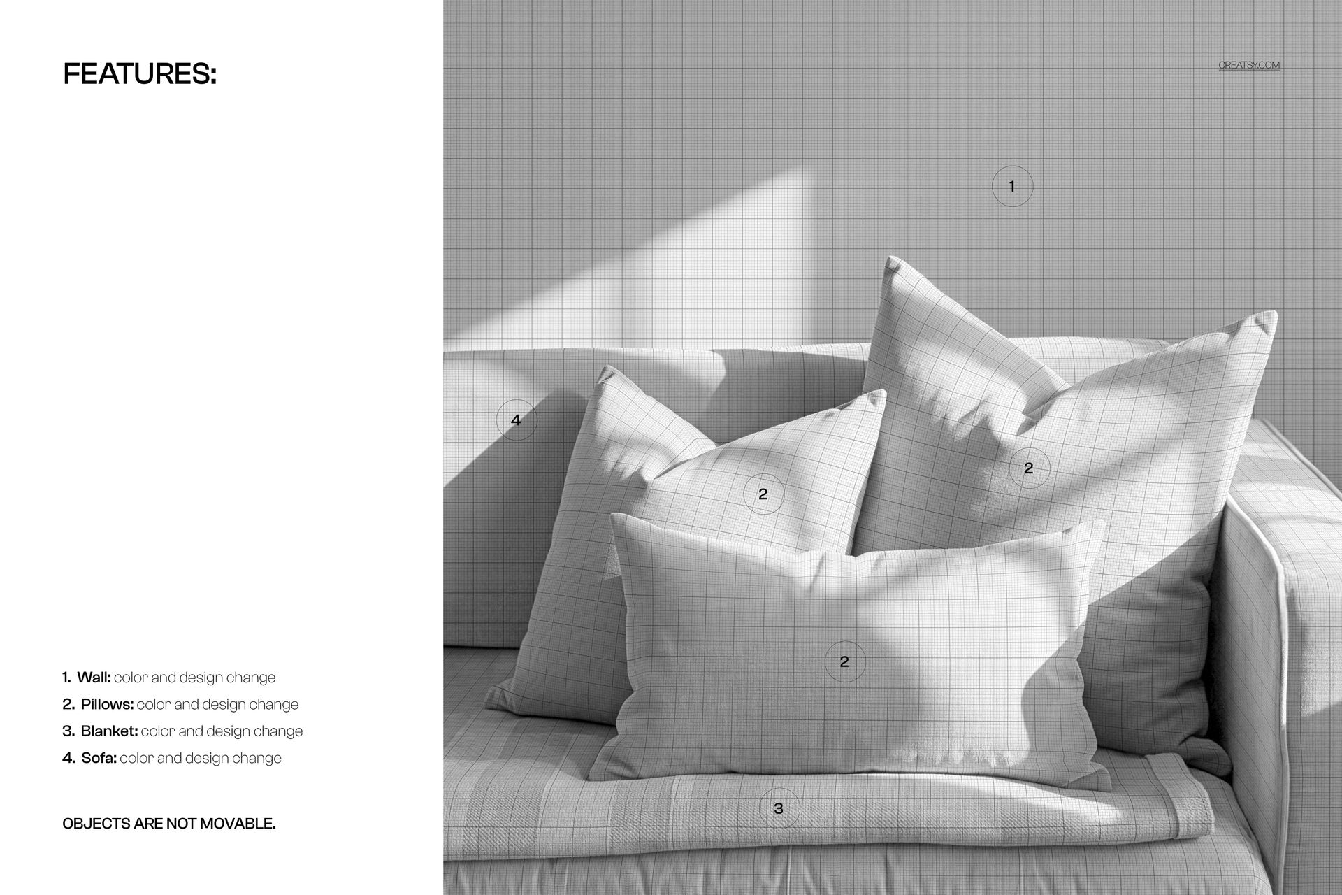 Three decorative pillows arranged on a couch, shown in a front view mockup with a neutral grid pattern.