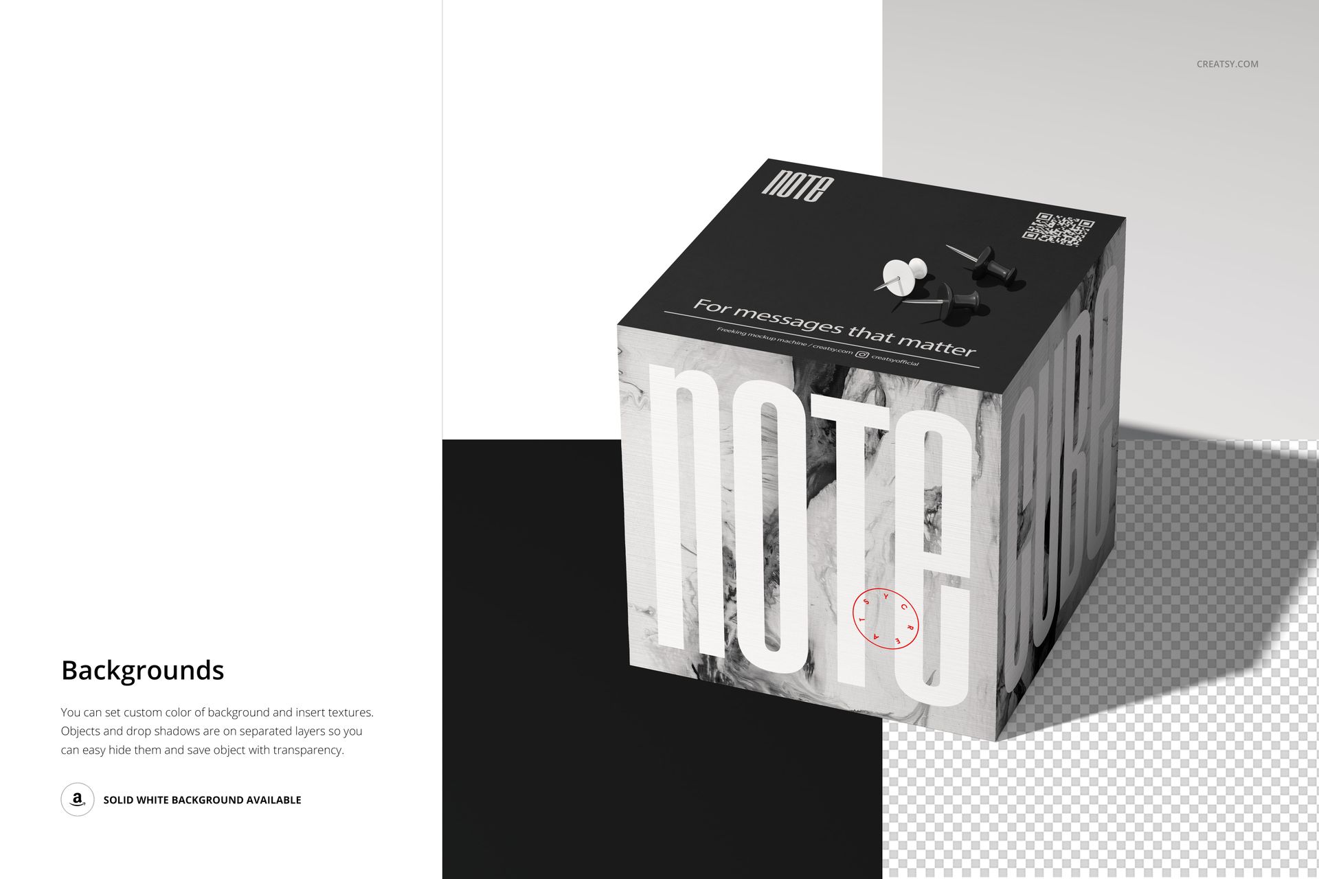 Square note cube with large white text on gray sides, shown in a stationery mockup with split black and white background.