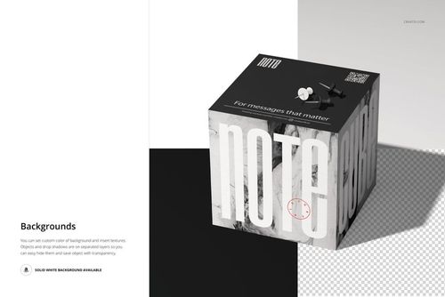 Square note cube with large white text on gray sides, shown in a stationery mockup with split black and white background.