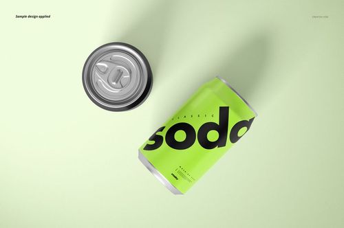 Aluminum drink can mockup set with a bright green label and bold black text, shown from top and side views on a light surface.